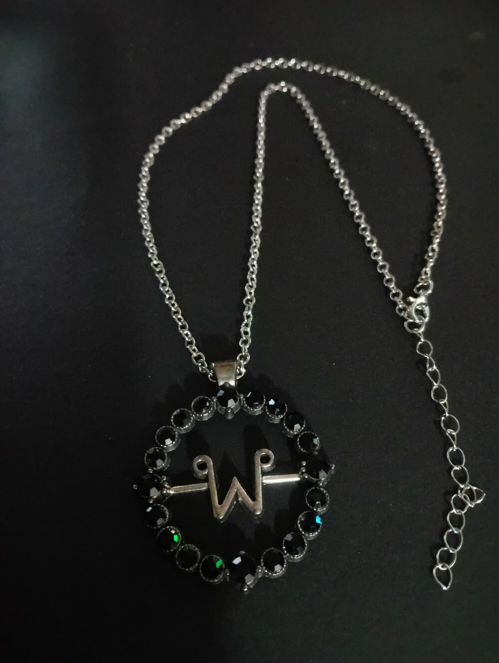 Silver Initial W Necklace with Black Gem Accents